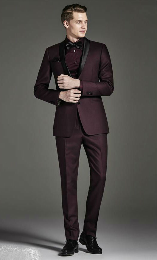 2019 Burgundy Mens Designer Suits Black Peaked Lapel Two Pieces Groom Tuxedos Men's Slim Fit Suits (Jacket+Pants)