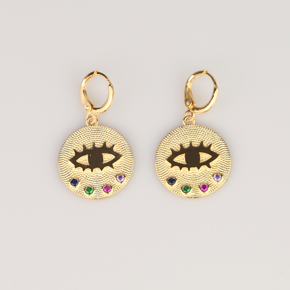 Gold plated round coin drop earring with rainbow cz evil eye engraved fashion women jewelry earrings