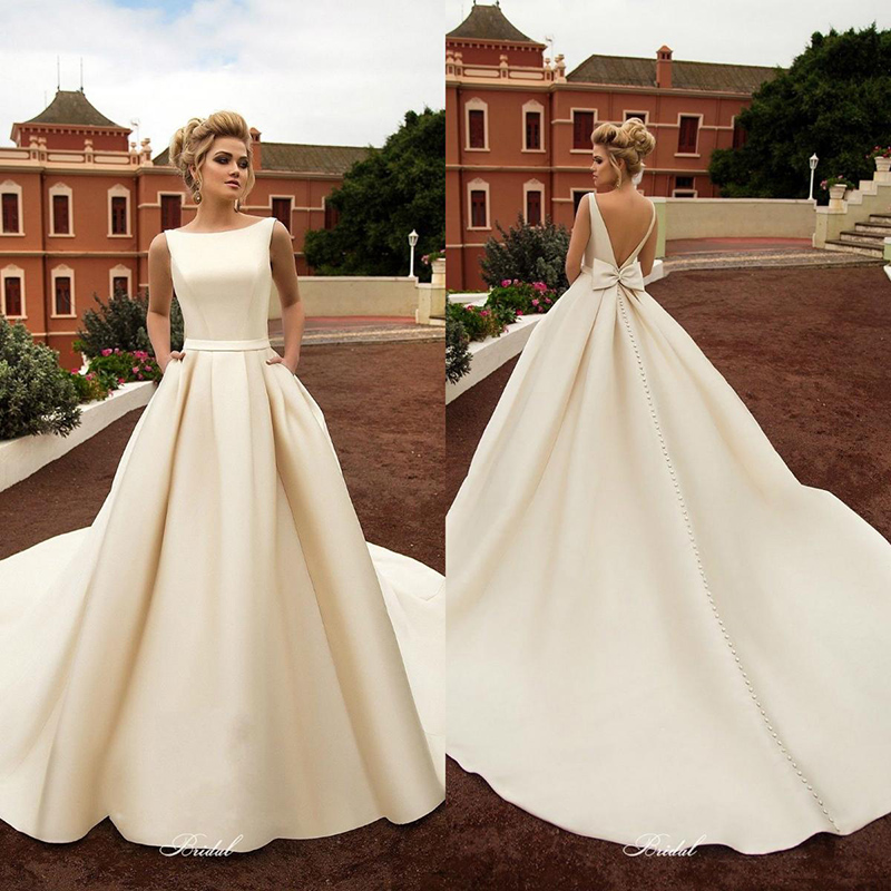 Elegant Satin Beach Wedding Dresses With Pockets Backless Bow Boho Beach A Line Wedding Dress Bridal Gowns Backless Plus Size