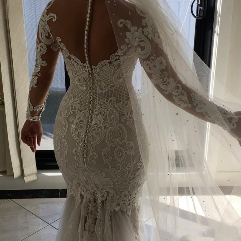 2020 Plus Size Mermaid Wedding Dresses Sheer Neckline Lace Appliques Beaded Illusion Long Sleeve See Through Tulle Long Train Bridal Gowns