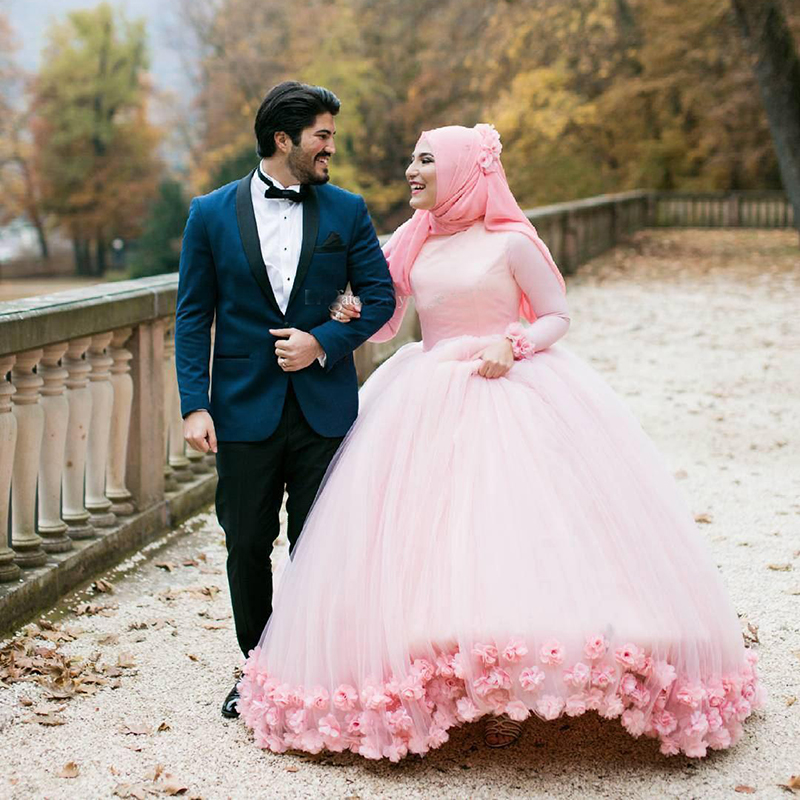 Pink Ball Gown Muslim Wedding Dresses High Neck Long Sleeves Tulle Flowers Lace Back Bandage Wedding Gowns Muslim Bridal Dresses