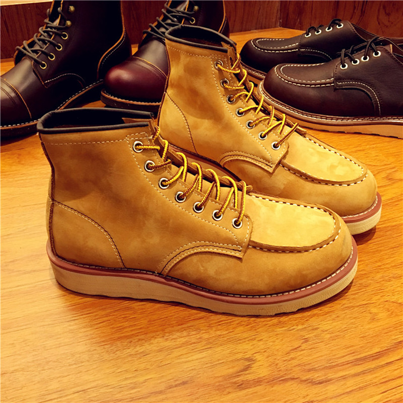 Hot Sale-Vintage Men Shoes Lace-Up Genuine Leather Boots Wing Male Handmade Work Travel Wedding Ankle Boots Casual Fashion Red Boots 875