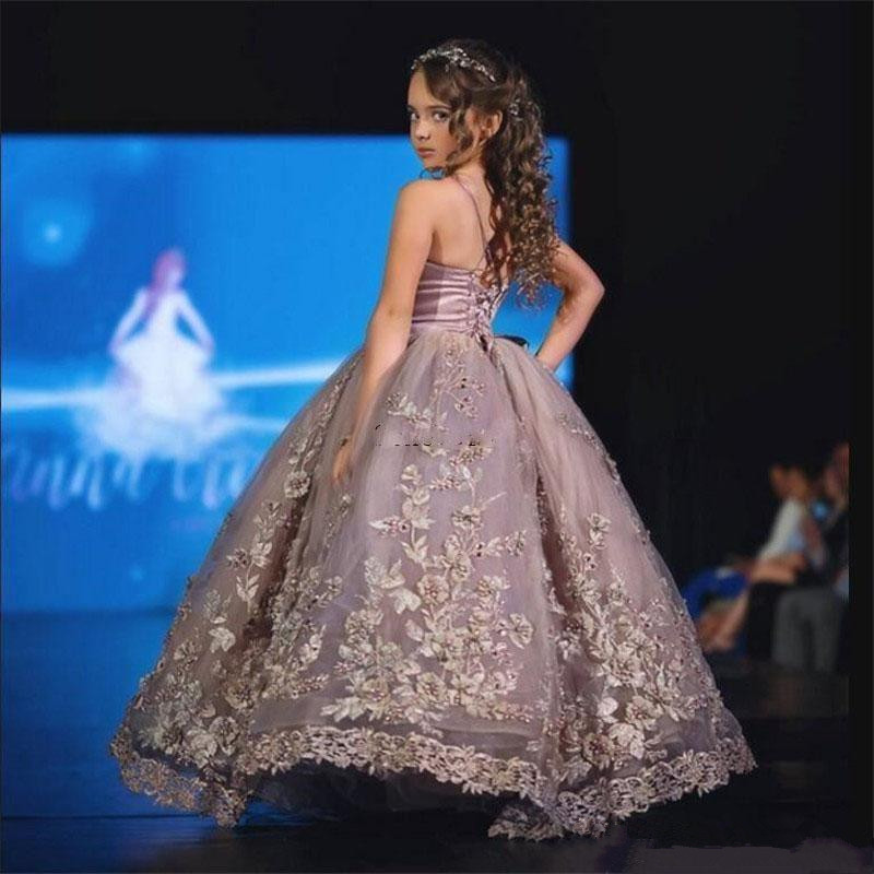 Spaghetti Ball Gown Girl's Pageant Dresses with Lace ral Appliques wer Girl Dress Cute Puffy Tulle Prom Gowns Kids Formal Wear