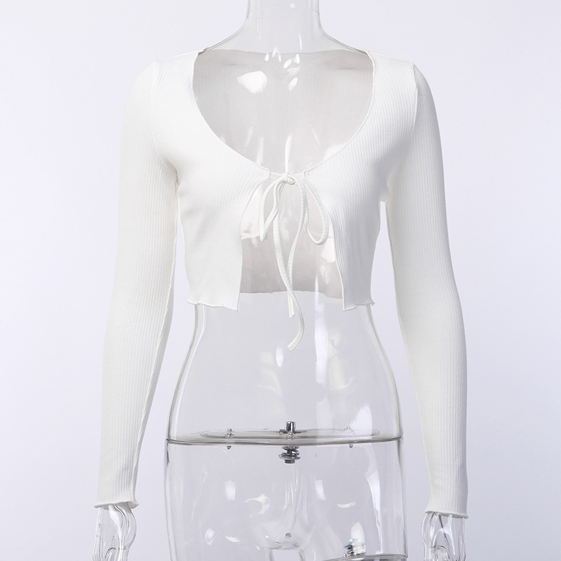 LVINMW White Knitted Slim Crop Tops 2019 Autumn Women Lace Up Bow Split Long Sleeve T Shirts Sexy Female Party Streetwear Tees T200107
