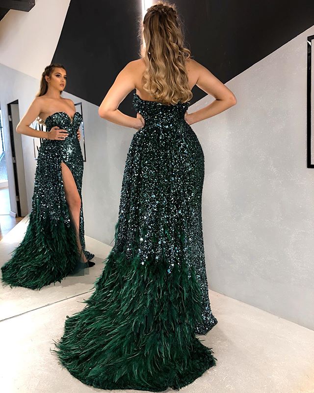 2020 Green Mermaid Evening Dresses Strapless Beads Sequins Feather Tulle Prom Dress Floor Length Special Occasion Dresses