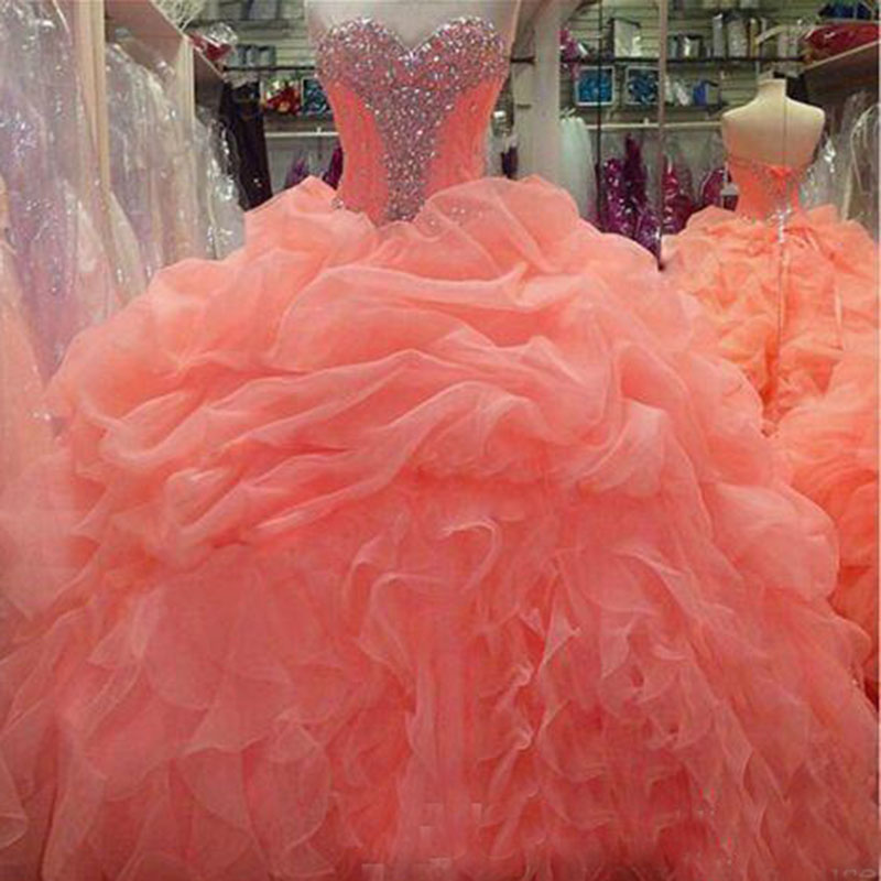 Coral Quinceanera Dresses Floral Beaded Sweetheart Princess Ball Gown Sweet 16 Organza Princess Prom Dress Evening Gowns