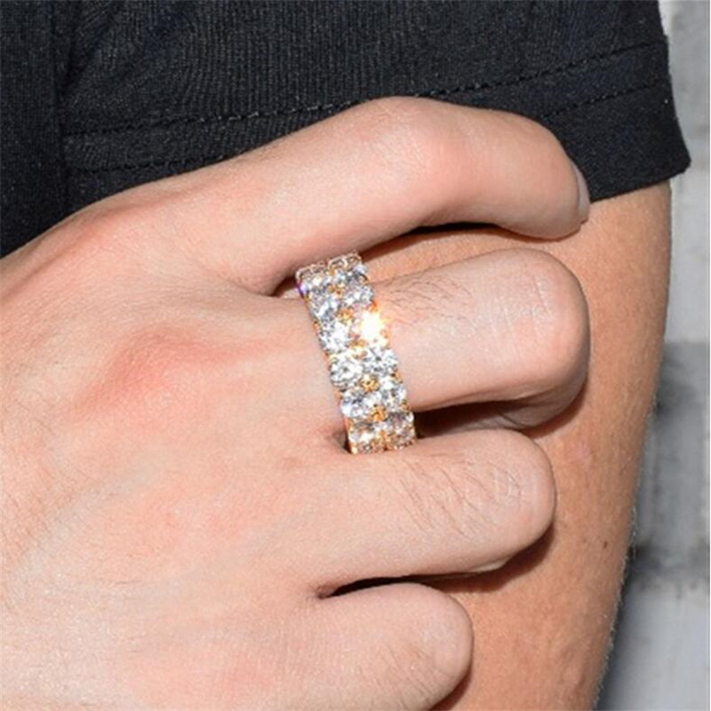 Hip Hop Vintage Sterg Sier & Gold Double Rows Topaz CZ Dia Gemstones Women's Wedding Band Ring (Size 8-13)