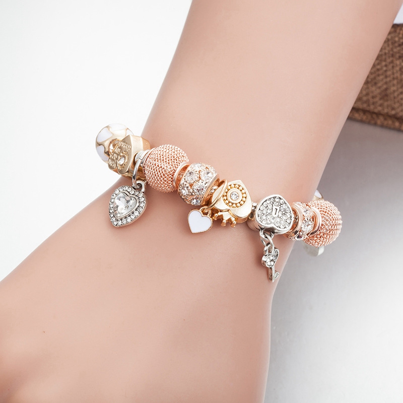 Diamond Heart Charm Bracelet 925 Sterling Silver Plated Snake Chain Bracelets Women Girls Party Jewelry Key Beads Pendant Charms bracelet set with Lux