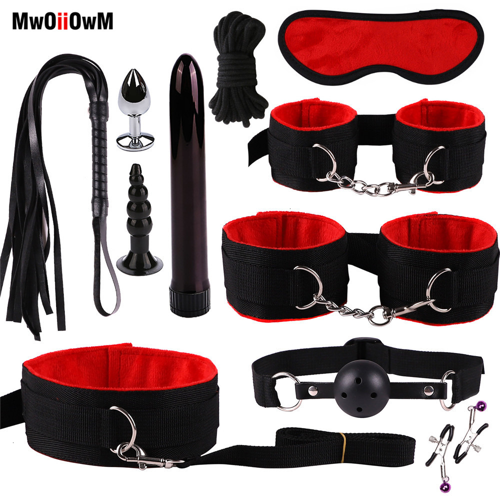 MwOiiOwM 11 Pcs exotiques Accessoires Bondage Set Lingerie Sexy Hand Fouet Corde Anal Vibrator Sex produit Couples Y191203