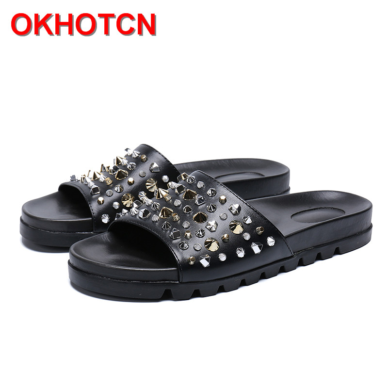 Genuine Leather Slippers Men Fashion Summer Open Shoes With Studded Rivets Solid Black White Cool Slides Crystal Sandals Beach
Genuine Leather Slippers Men Fashion Summer Open Shoes With Studded Rivets Solid Black White Cool Slides Crystal Sandals Beach