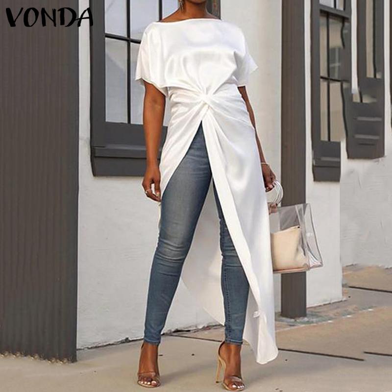VONDA S-5XL Summer Tops Women Blouse Sexy Split Hem AsymmetricalParty Blouse Casual Loose Long Shirts Female Blusa Tunic