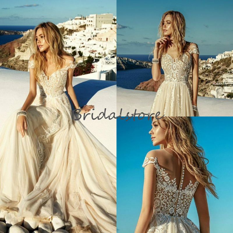 Fairy Tale Champagne Beach Wedding Dresses Destination Off The Shoulder Lace Boho Cheap Bohemian Wedding Dress 2019 Robes de mariée bohème