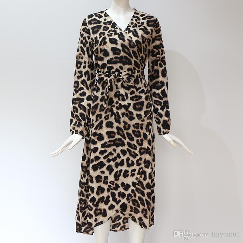 Leopard Dress 2020 Women Chiffon Long Beach Dress Loose Long Sleeve Deep V-neck A-line Sexy Party Dress