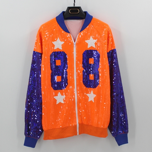 Streetwear Casual Oversized Loose Hip-Hop Logo Sequined Bomber Jacket Clubwear Women Long Sleeve Front Zipper Sequin Coat