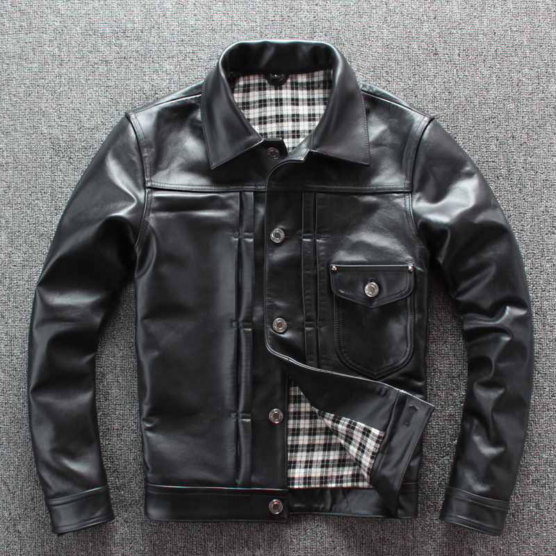 2019 men' japanese vintage style calf skin leather jacket slim short real leather coat men single breasted denim shirt design, Black
2019 men' japanese vintage style calf skin leather jacket slim short real leather coat men single breasted denim shirt design, Black