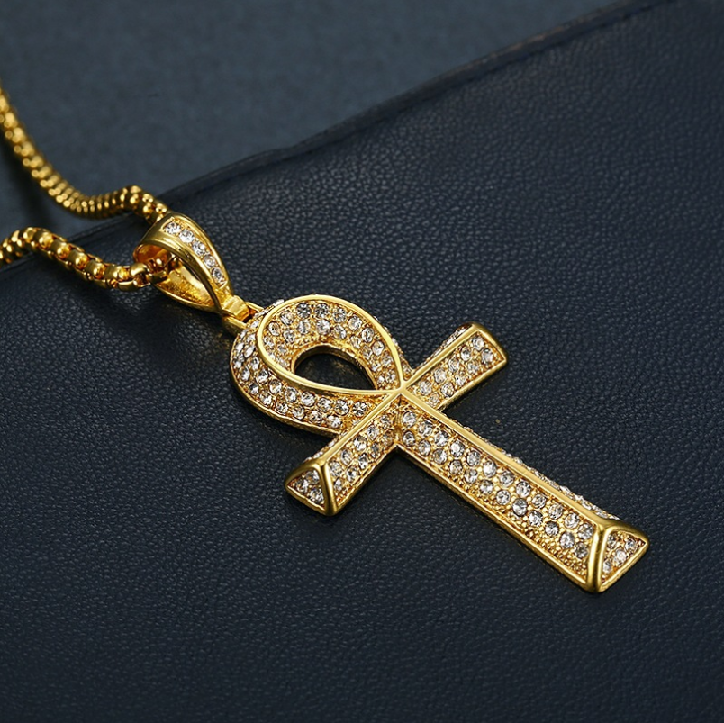 Vintage Cubic Zirconia Hiphop Cross Pendant Necklaces For Men Stainless Steel Jesus Jewelry Crystal 18K Gold Plated Life Key Necklace Gift