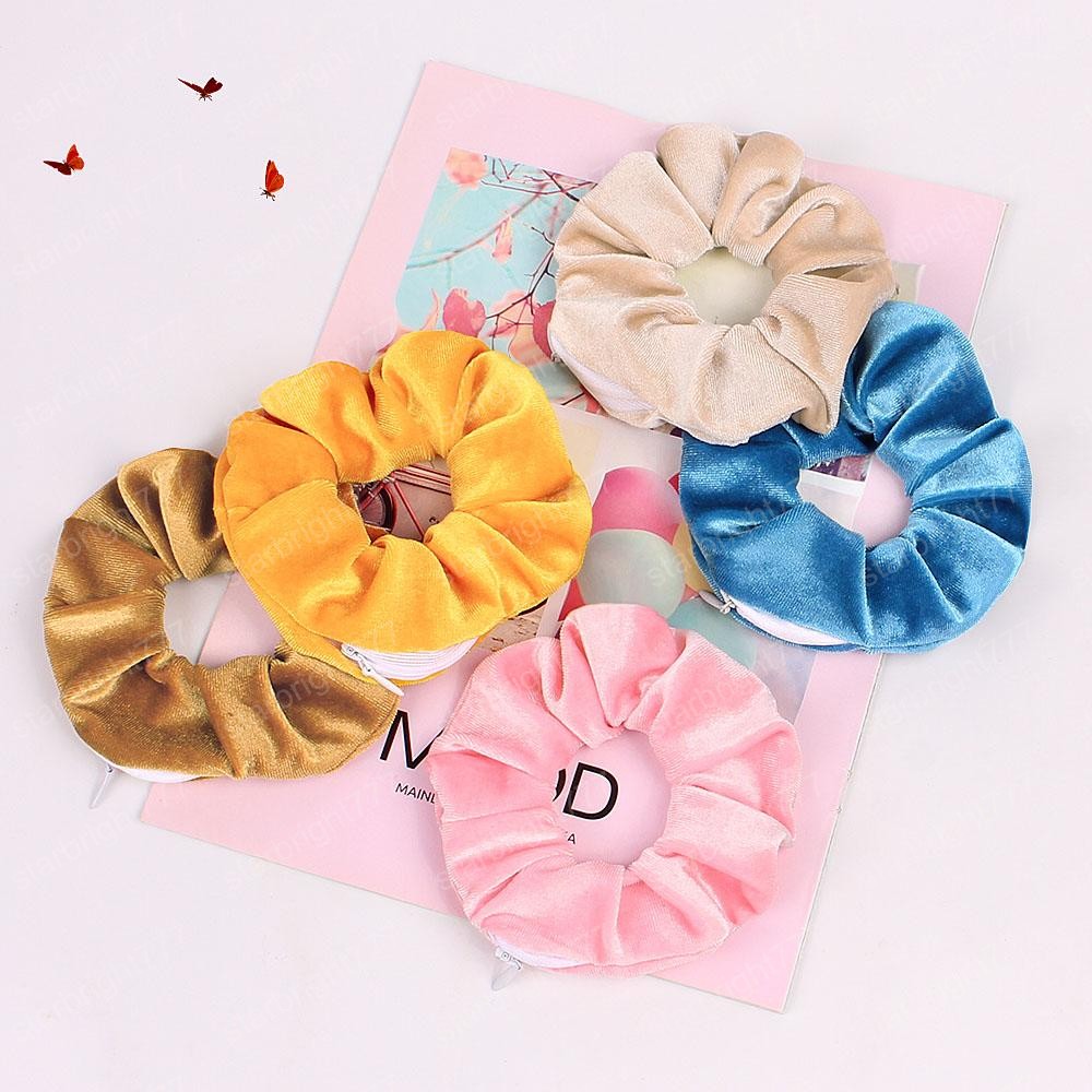 Velvet Hair Scrunchies Zipper Women Scrunchy Elastic Hair Bands Girls velour Headwear Ponytail Holder Pleuche Hair Ties Small Bag