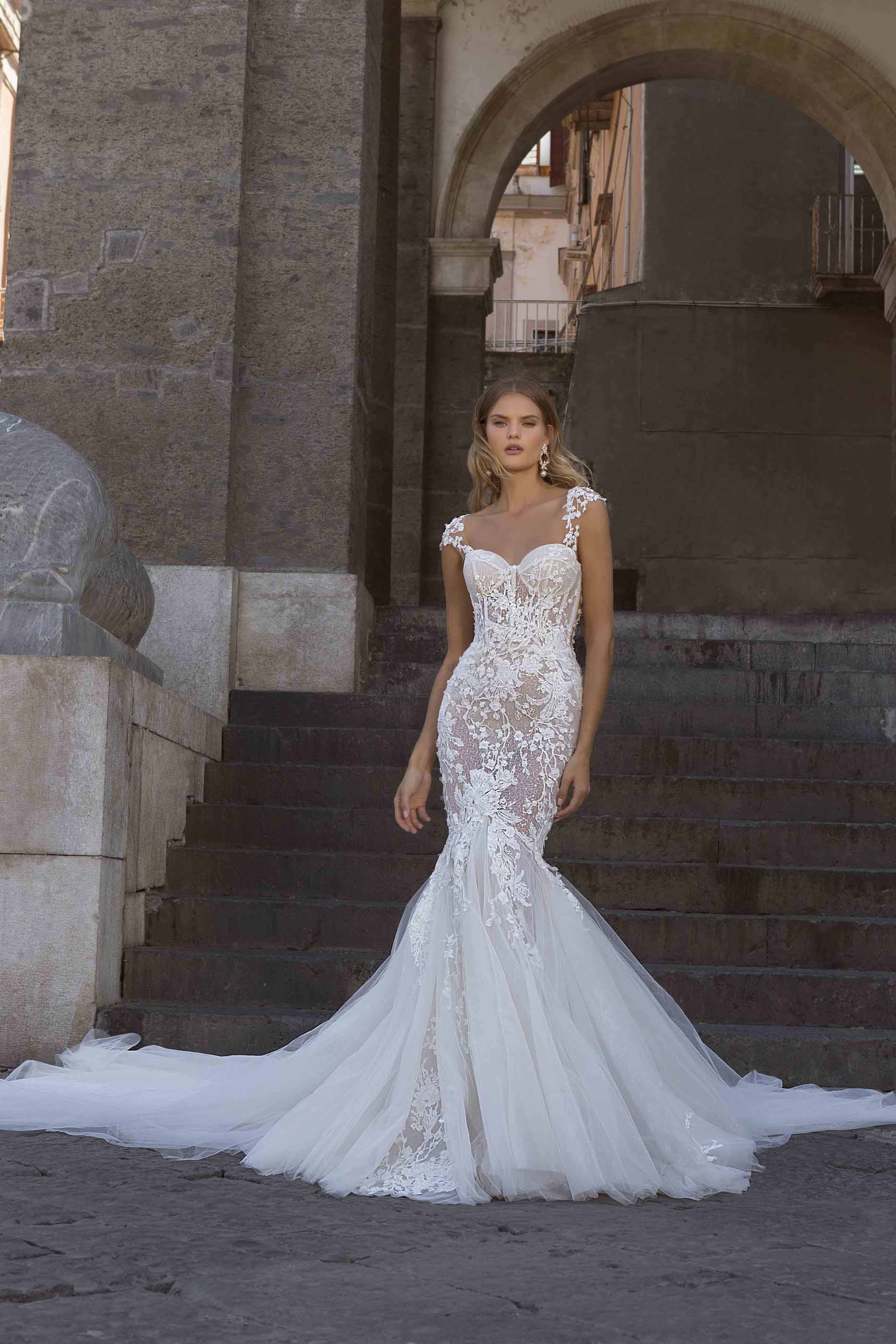 Berta White Mermaid Wedding Dresses Lace Appliques Sheer Back Tulle Sweep Train Bridal Gowns Custom Made 2020 robe de mairee