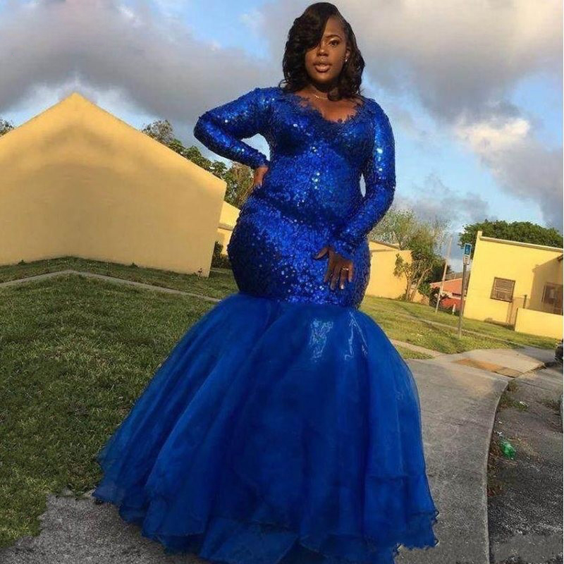 Royal Blue Shining Sequined Mermaid Prom Dresses V Neck Long Sleeves Formal Dress Floor Length Plus Size Evening Gowns