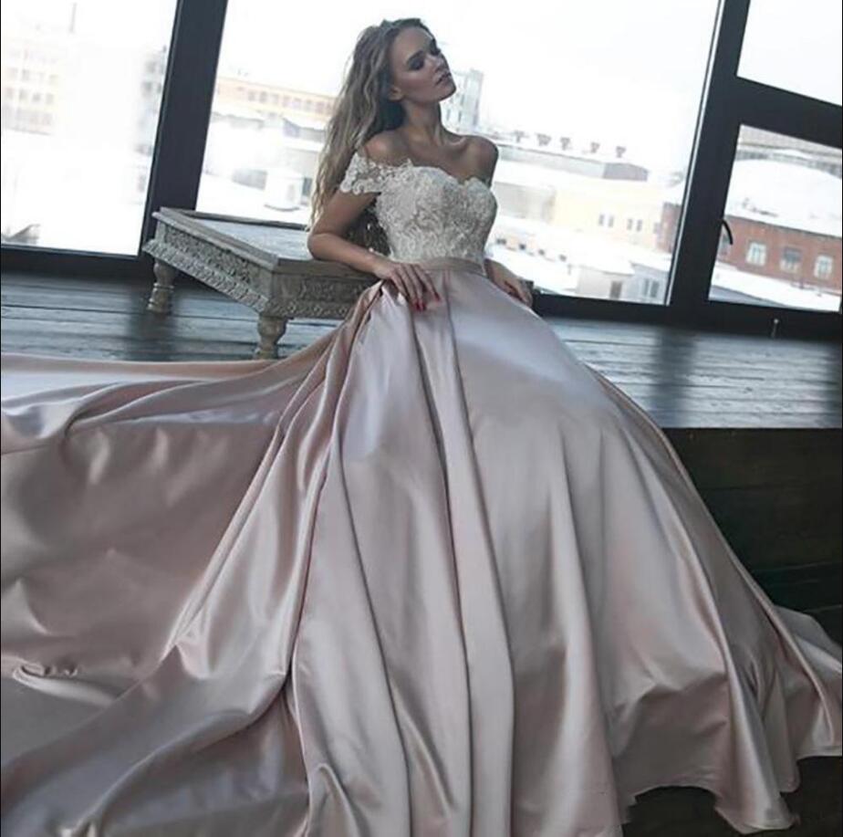 2020 Amazing Nude Ivory Lace Wedding Dresses Royal Train Off Shoulder Draped Satin Bridal Gowns Plus Size Wedding Party Reception Dress, Chocolate
2020 Amazing Nude Ivory Lace Wedding Dresses Royal Train Off Shoulder Draped Satin Bridal Gowns Plus Size Wedding Party Reception Dress, Chocolate