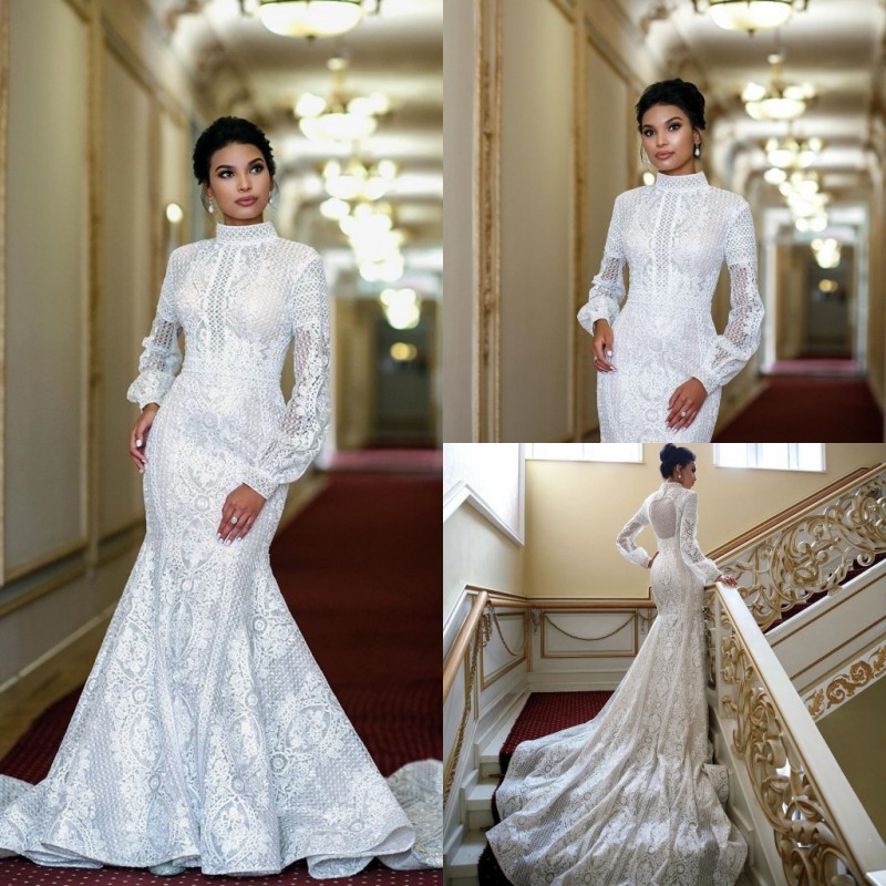 Muslim Modest Mermaid Dresses High Neck Long Sleeve Full Lace Bridal Dress Custom Made Wedding Gowns