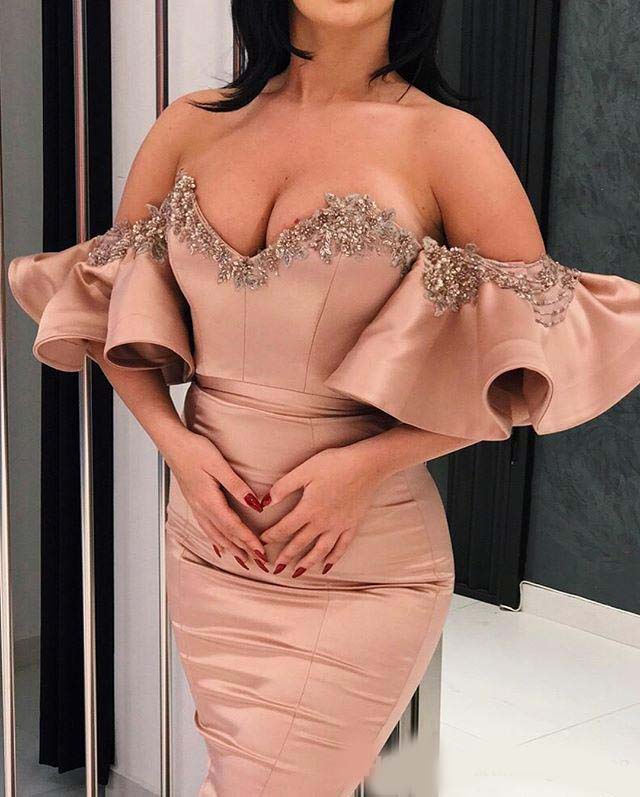 Fashion Rose Gold Mermaid Prom Dresses Off the shoulder with Ruched Sleeves Beaded Sequins Lace 2020 Plus size Cheap Evening Formal Dress