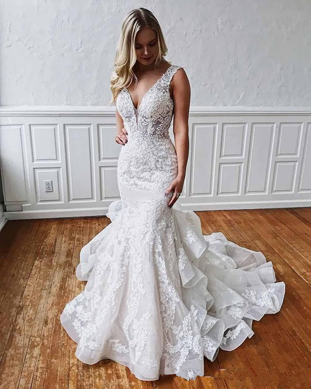 Sexy Mermaid Lace Backless Wedding Dresses 2019 Deep V Neck Beach Bridal Gowns Ruffled Skirt Plus Size Bohemian Trumpet Vestidos De Novia