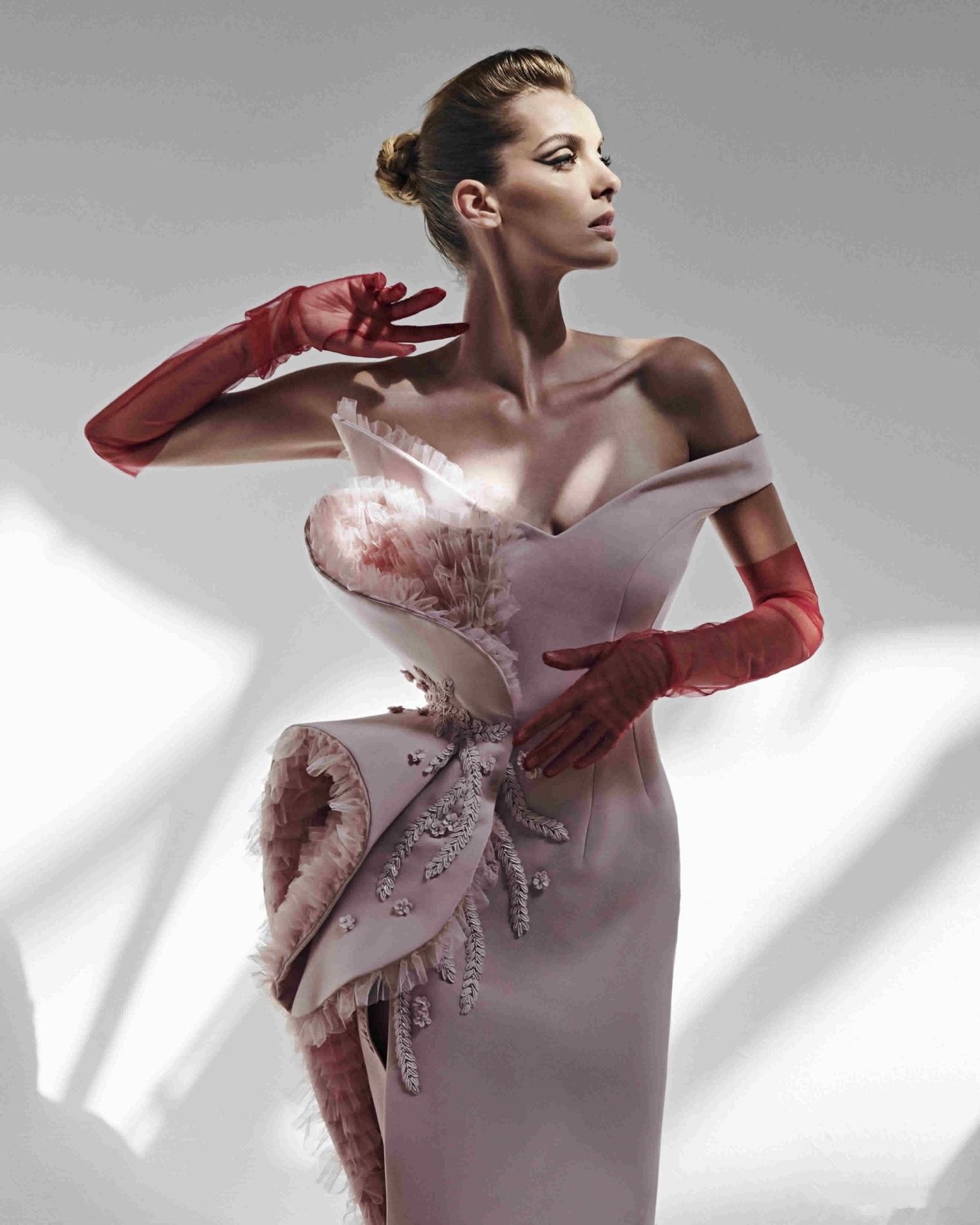 azzi osta high split evening dresses pink tulle one shoulder sweep train embroidery mermaid prom dress custom made robes de soire