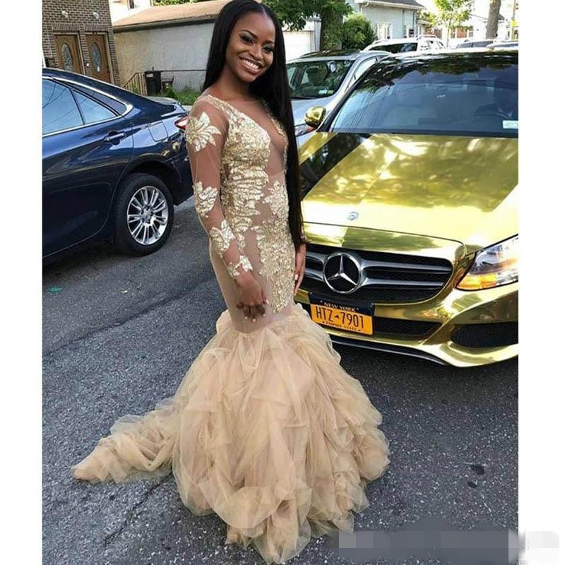 Sexy Gold Illusion Prom Dresses Long Sleeves Lace Applique Beaded Tulle Sweep Train Tiered Skirt African Black Girl Formal Evening Gowns