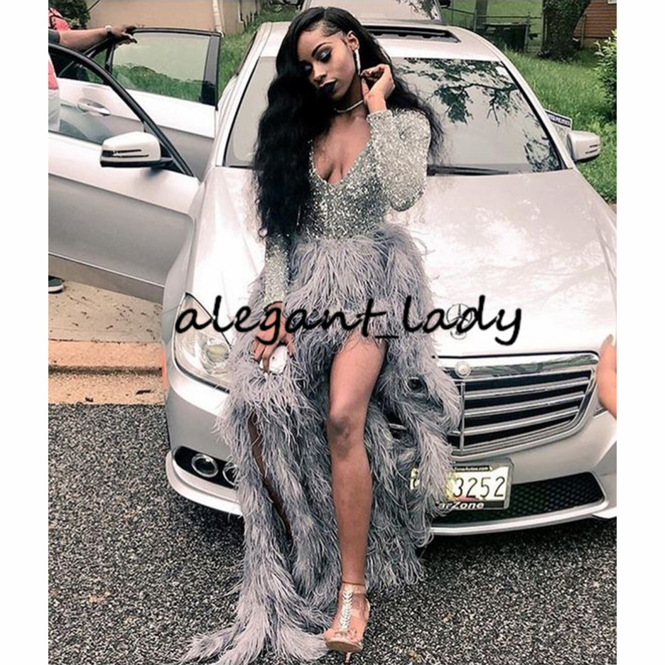 Ostrich Feather Prom Dresses A Line Long Sleeves Plunging V Neck Side Split Sparkly Evening Gowns Plus Size Formal Party Dress