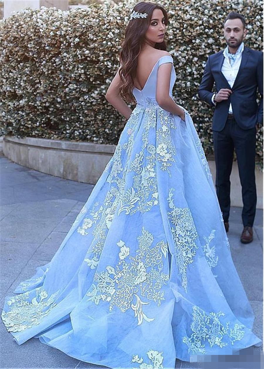 2020 Newest Blue Prom Dresses Elegant Off the Shoulder Satin Lace Applique Sweep Train A Line Evening Graduation Party Gown vestido de noche