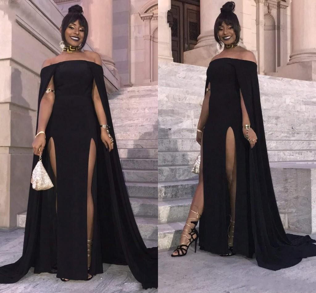 New Amazing Black Girl Side Split Evening Sexy Off The Shoulder Capped Sleeve Prom Sheath Long Red Carpet Dresses 6660306