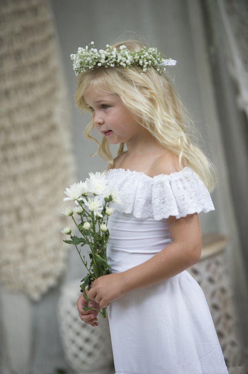 Lovely Bohemian Off the shoulder White Flower Girls Dresses For Wedding with Sleeves Long Lace Backless Beach Boho First Communion Dress New