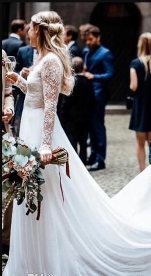 2019 Deep V Neck Lace Chiffon illusion Long Sleeves Beach Dresses Country Simple Bohemian Bridal Open Back Wedding Gowns
