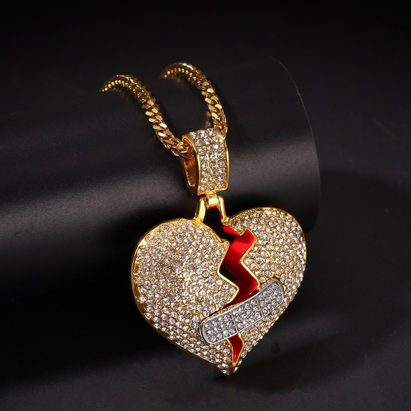 Mens Hip Hop Necklace Iced Out Broken Heart Pendant Necklaces Fashion Jewelry