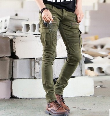 Army Green Black Mens Denim Biker Cargo Jeans Brand Men Stretch Skinny Moto Pencil pants Runway Distressed Motorcycle Jeans