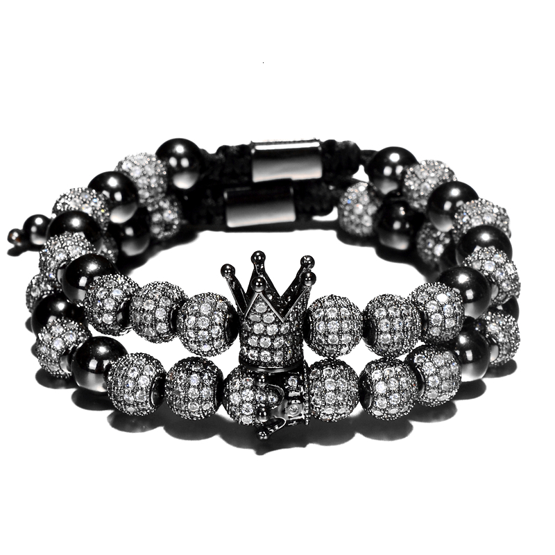 2pcs/set Luxury Crown Charm Men Bracelets 8mm Micro Pave CZ Round Braided Macrame Bracelet Pulseira Feminina Handmade Jewelry Women Gift