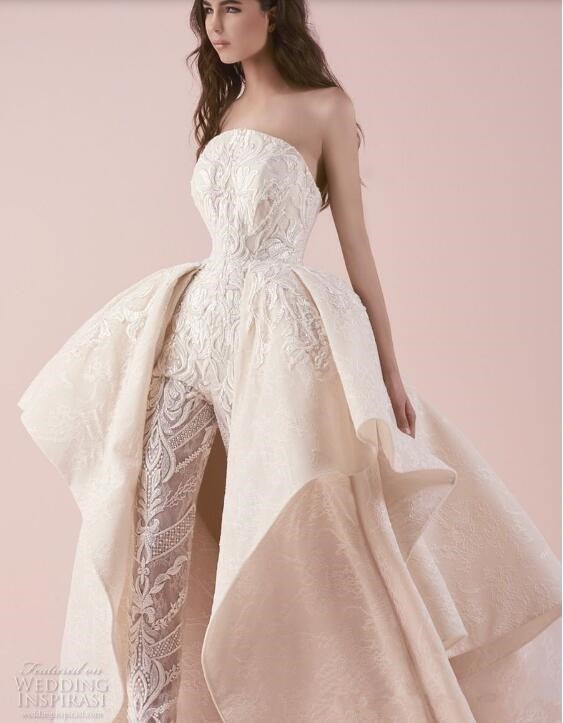 Strapless Bride Jumpsuit With Detachable Train 2020 Full Lace Embroidery Applique Ruffles Puffy Princess Arabic Wedding Dress Pant Suit Gown