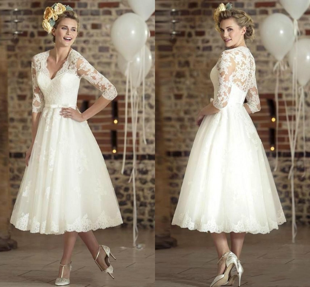 Dresses Vintage Lace Short V Neck Long Sleeve Tea Length Bridal Buttons Back A E Wedding Gown AL L 6660306