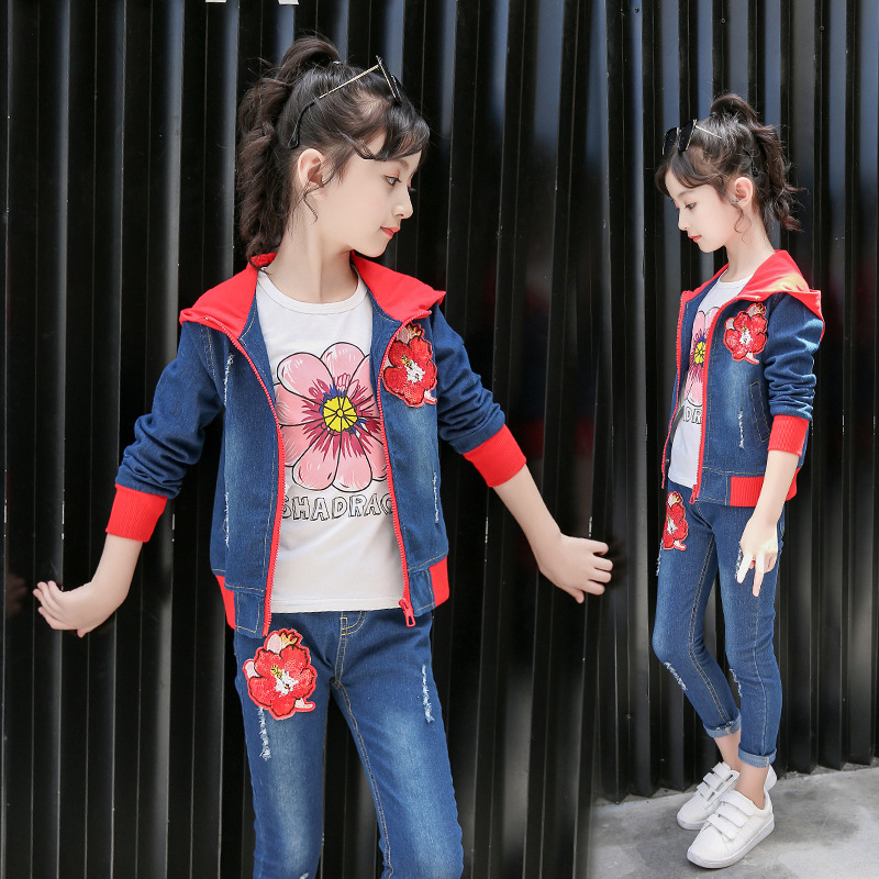 Denim Clothing For Girls Autumn Floral Jacket+Pants Suits Fashion Children's Hooded Costume Teen Kids Clothes For Girls, Blue
Denim Clothing For Girls Autumn Floral Jacket+Pants Suits Fashion Children's Hooded Costume Teen Kids Clothes For Girls, Blue