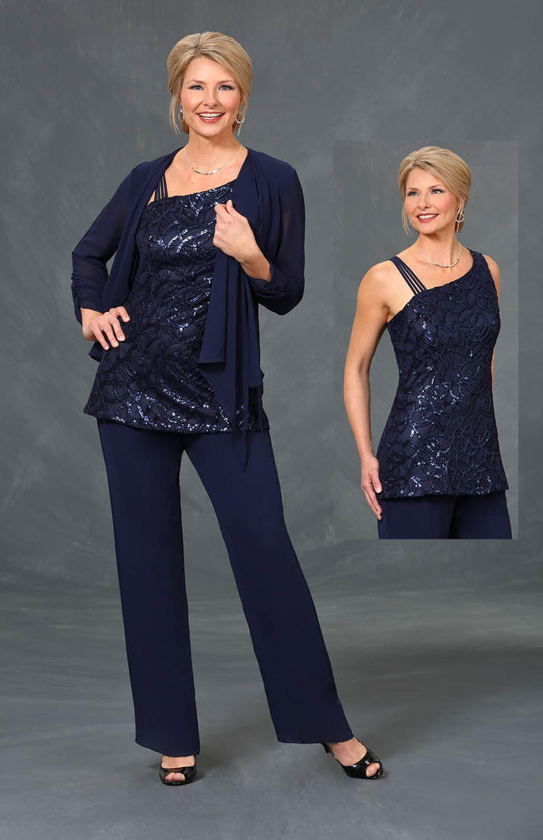 Dark Navy Mother Of The Bride Pant Suits 3 Pieces Lace Sequins Chiffon Wedding Guest Dress for Mother Elegant Formal Party Gowns