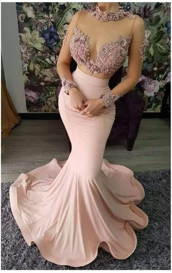 lace beaded sexy evening dresses high neck long sleeves prom dresses elastic satin formal party bridesmaid pageant gowns