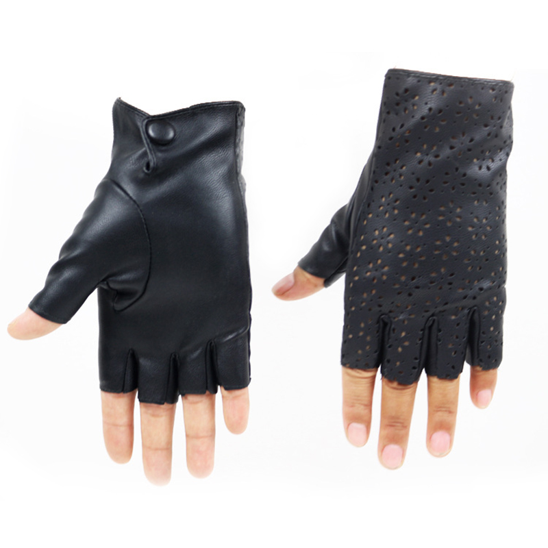 Fashion-Women Punk Gloves Female Hollow out Half Finger Driving Leather Gloves Breathable Nightclub Show Glove