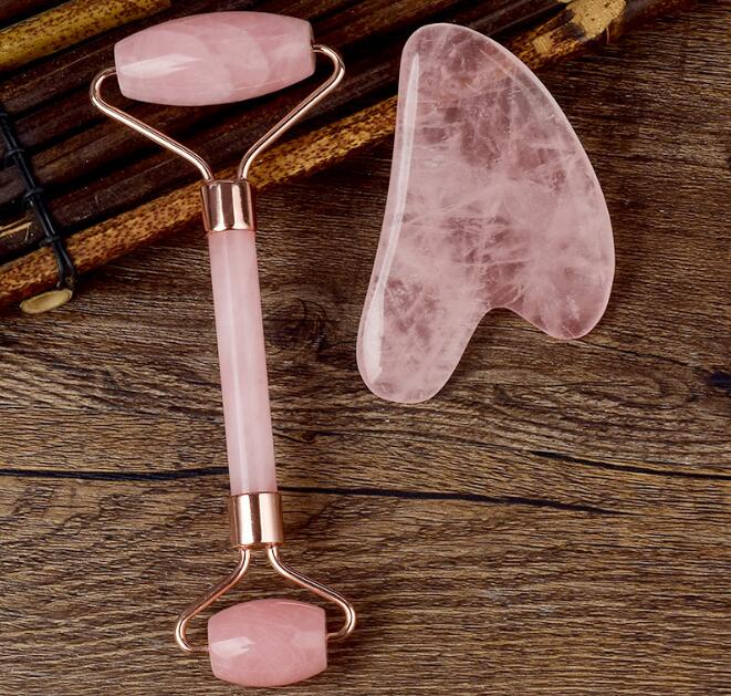 Natural Pink Crystal Jade Roller Double Head Rose Quartz Massage Roller Real Stone Facial Massager Guasha scraping Tool Set with Box