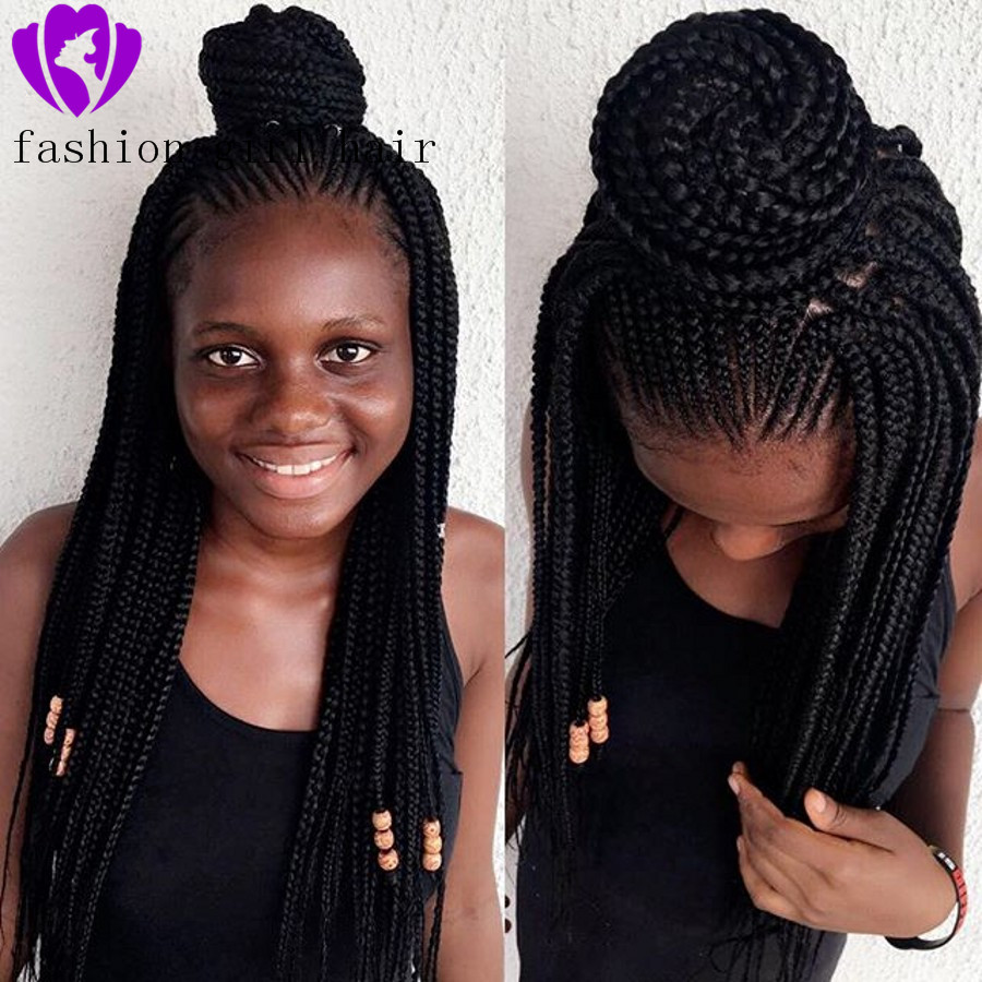 28 Inches 13x4 Braided Wigs Synthetic Lace Front Wig updo Braided Wigs with Baby Hair for Black Women Cornrow box Braided Wig