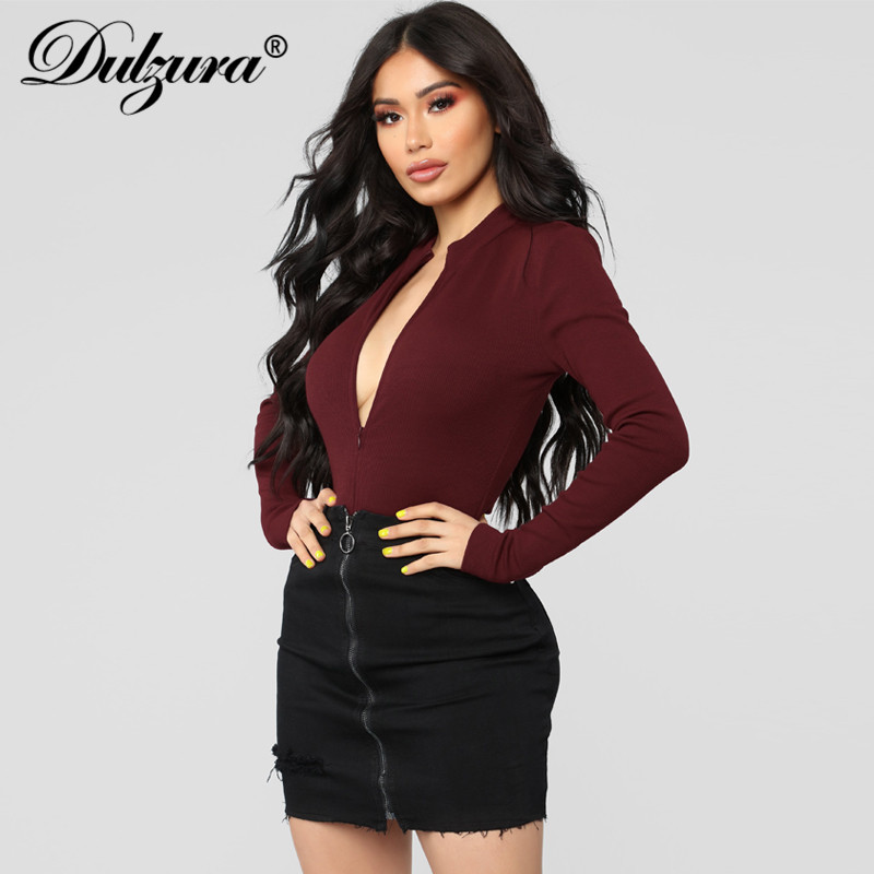 Dulzura front zipper long sleeve women sexy bodysuit autumn winter black white burgund solid skniny streetwear body v neck
