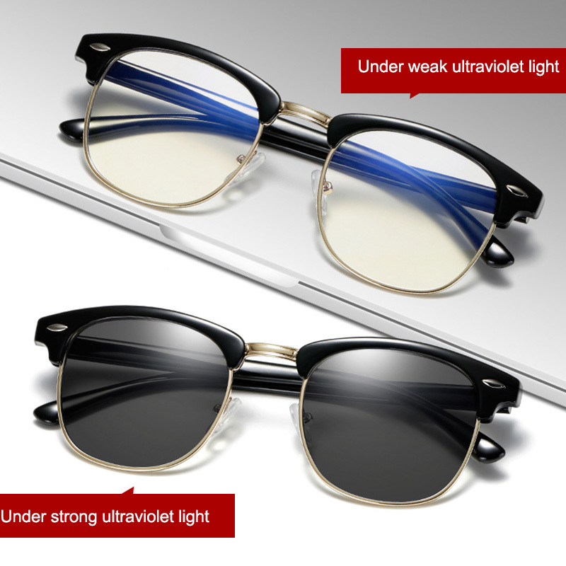 Blue Light Blocking Glasses Computer Reading Glasses Photochromic Sunglasses Chameleon Sun Glasses Male Women Semi Rimless Y200619