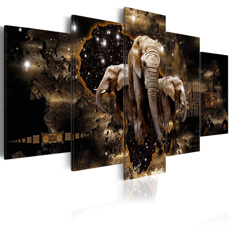 5 Pieces Fashion Wall Art Canvas Painting Abstract Golden Texture Animal Lion Elephant Rhinoceros Modern Home Decoration,Choose Color:3 And