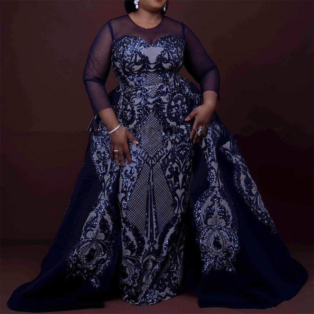 Sparkly Sequins Navy Blue African Evening Dresses with Detachable Train Long Sleeves Elegant Women Formal Prom Dresses Plus Size Party Gowns