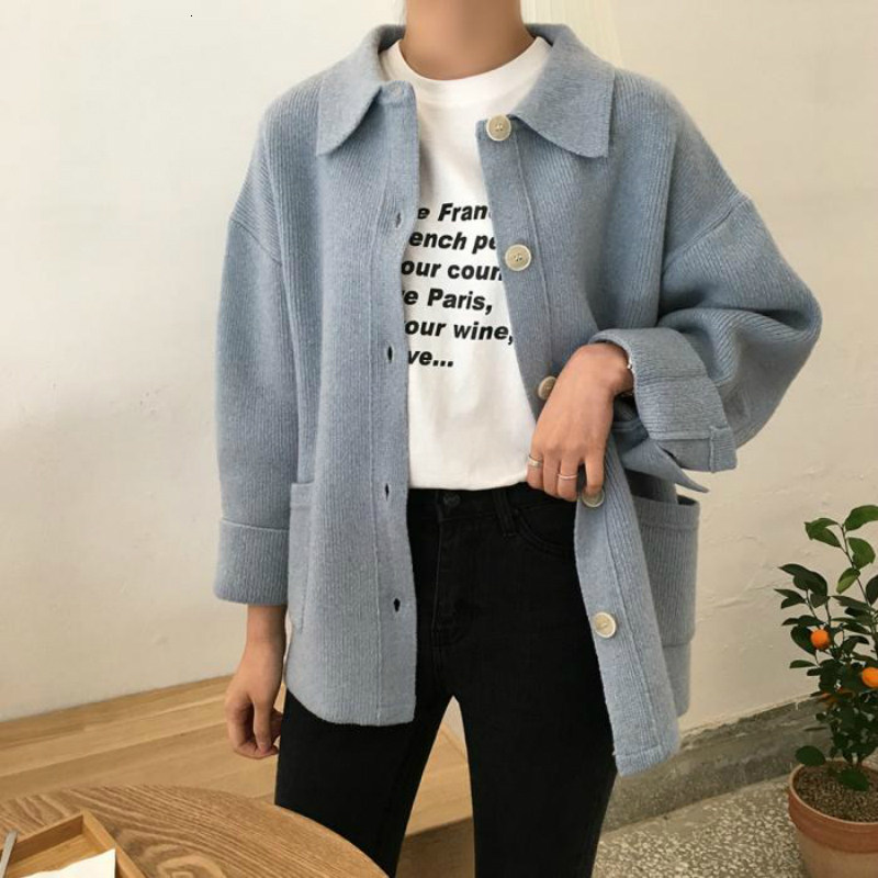 Women Autumn Winter Tops Vintage Shirt Sweater Female Vintage Shcool Plus Size Pocket Knitting Cardigan Coat Sueter Mujer V191130